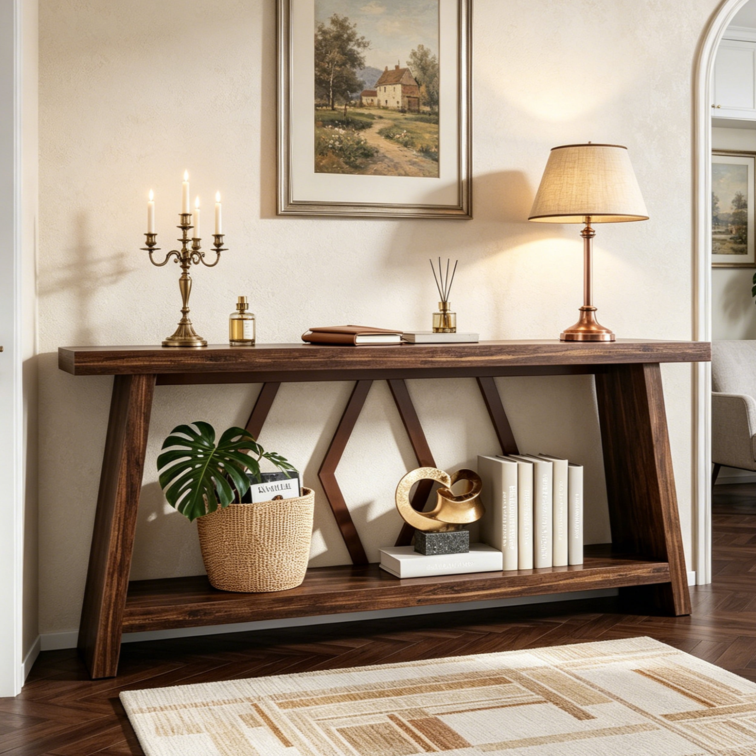 Fnova 70.86" Farmhouse Console Table for Entryway, 2-Tier Storage Long Narrow Wood Entryway Sofa Table, Easy Assembly, for Living Room Staircase Hallway Decor