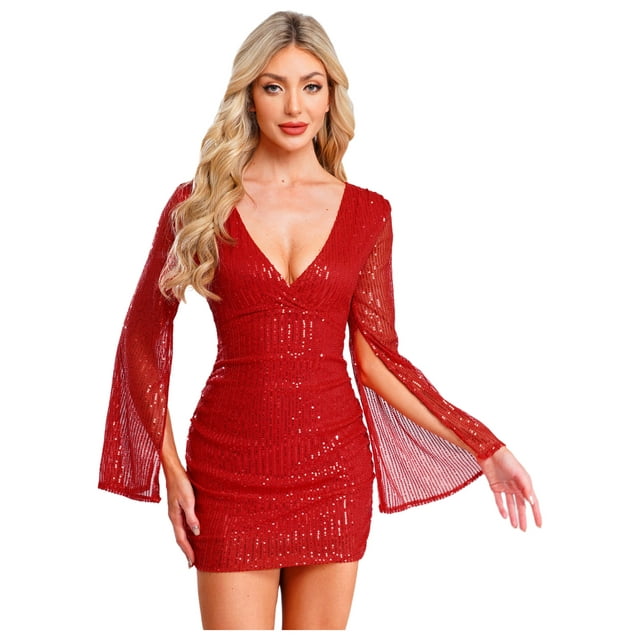 YiZYiF Robe Mini à Paillettes pour Femmes à Col en V Scintillante, Dos Nu, Moulante, de Fête, de Boîte de Nuit, Robe Mini, Tenue de Boîte de Nuit Rouge P