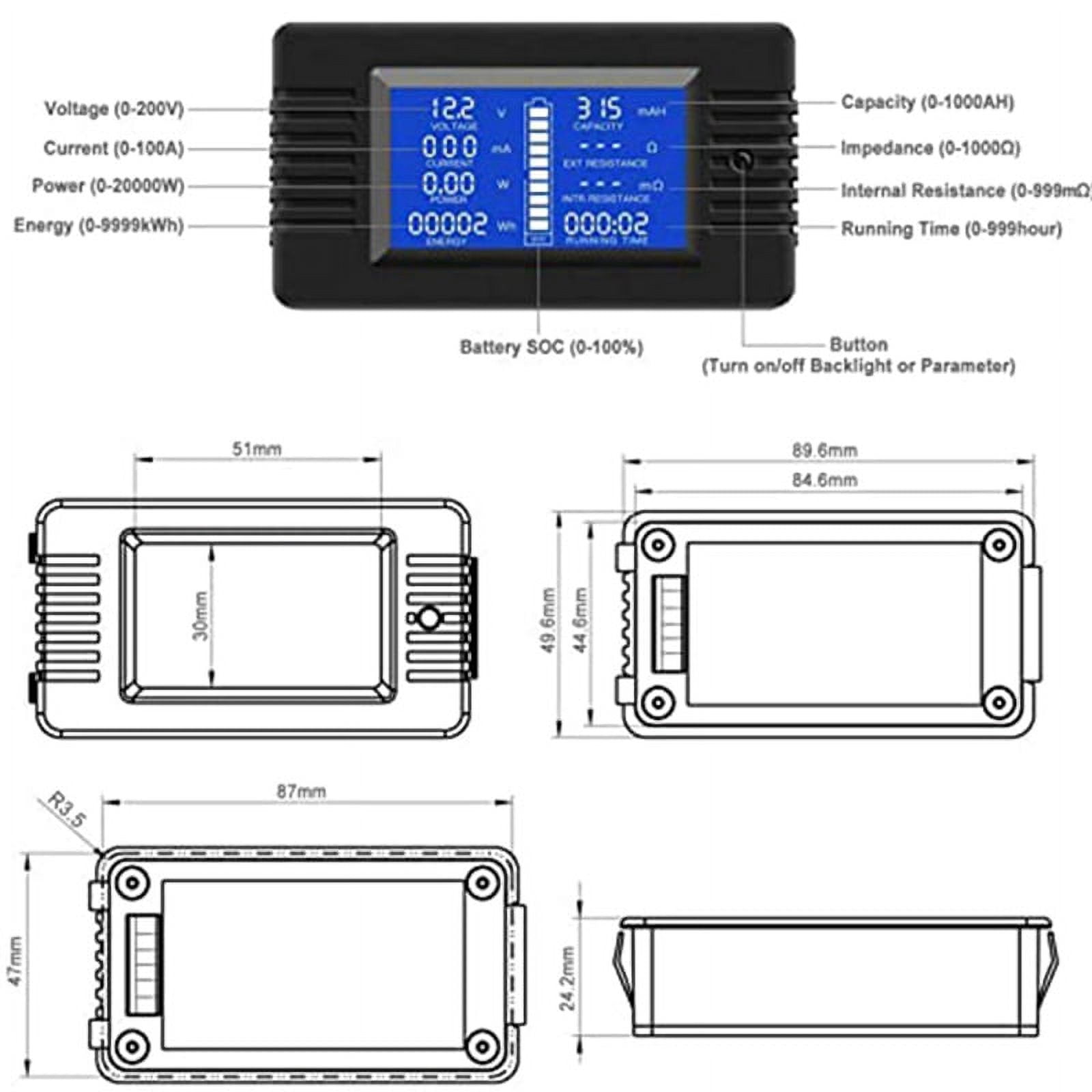 2X DC Battery Monitor Power Meter Ammeter Digital DC 0-200V Shunt 100A Multimeter, Meter Voltmeter Capacity Tester