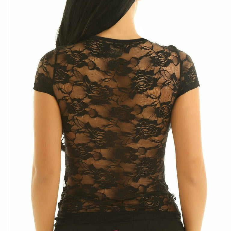  See-Through T Tops Crop Sheer Shirt Women's Short Casual Mesh  Sleeve Lingerie Push up Black : Sports & Outdoors