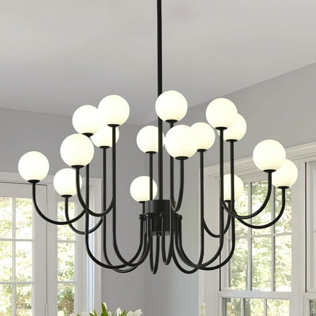 Black Sputnik Chandelier, 16 Lights Modern Chandelier for Dining Room Mid Century Chandelier Large 36” Ceiling Pendant Light Fixtures with Milk Glass Globe Shades for Foyer Living Room Kitchen Island