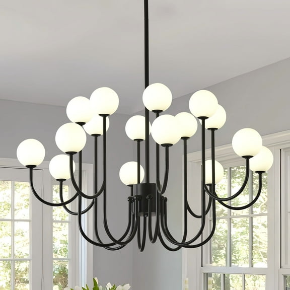 Black Sputnik Chandelier, 16 Lights Modern Chandelier for Dining Room Mid Century Chandelier Large 36” Ceiling Pendant Light Fixtures with Milk Glass Globe Shades for Foyer Living Room Kitchen Island