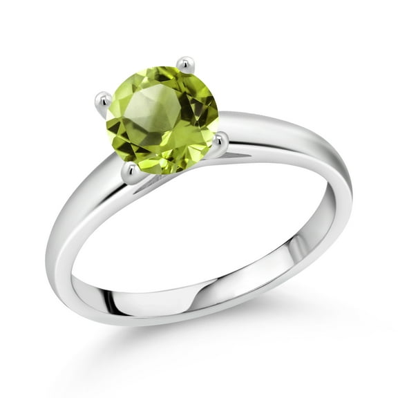 Gem Stone King 1.45 Ct 7mm Round Green Peridot 10K White Gold Ring (Size 9)
