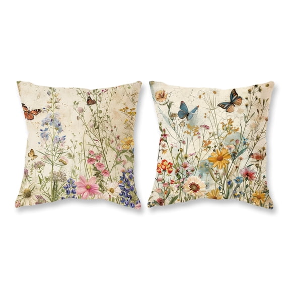Spring Floral Throw Pillow Covers Wild Flowers Butterfly Decorative Pillowcases Farmhouse Summer Seasonal Vintage Cushion Covers for Sofa Couch Home Decor 18x18 Inch Set of 2