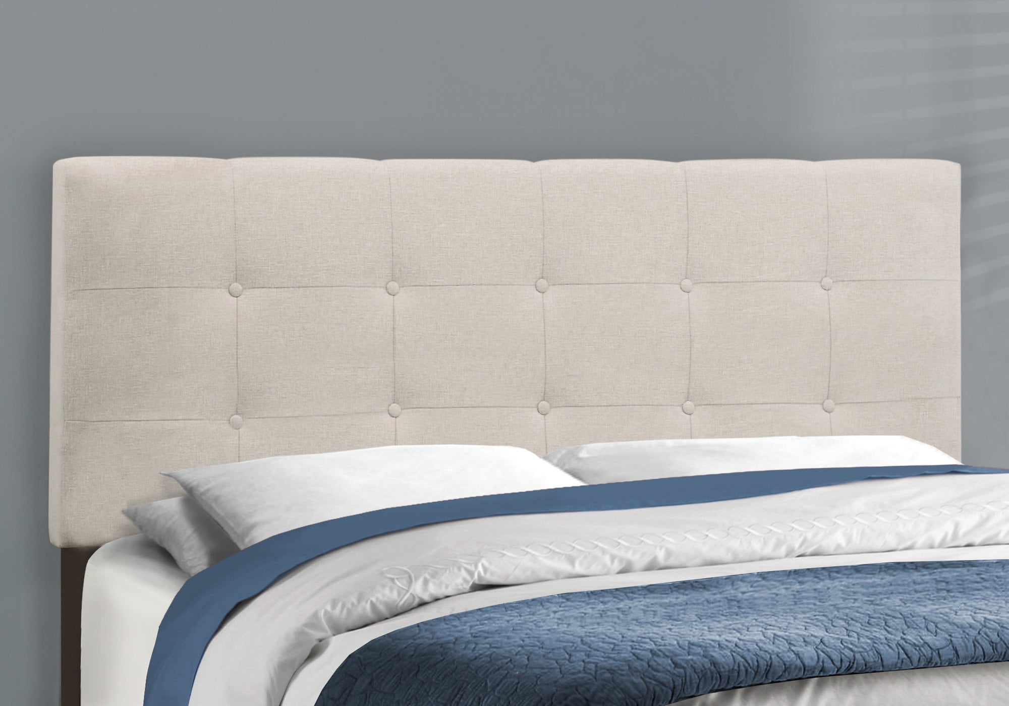 Bed Queen Size Platform Bedroom Frame Upholstered Linen Look Beige Black