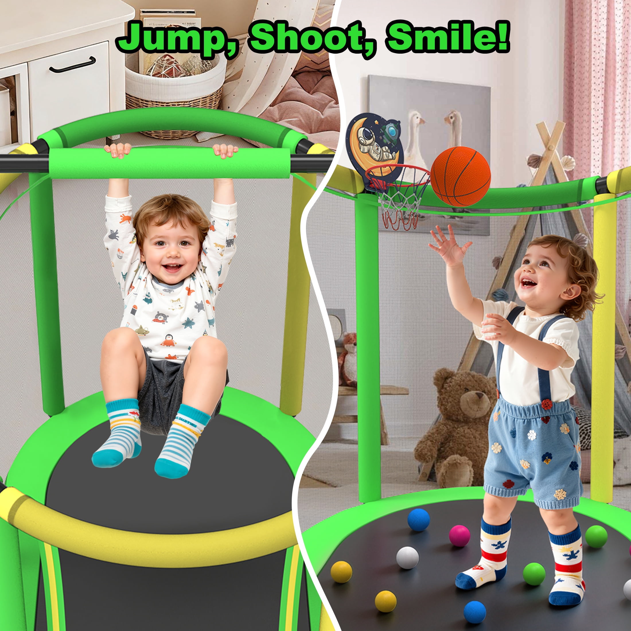 60" Toddler Trampoline with Enclosure Net, Kids Trampoline with Basketball Hoop, SHINPT Indoor Trampoline for Kids, Small Trampoline with Ocean Balls, Mini Trampoline with Rings, Gift for Boys Girls