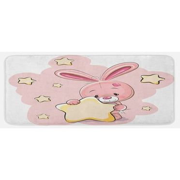 Feminine Kitchen Mat, Rabbit Bunny with Star Art for Birthday Celebrations Shower Theme, Plush Decorative Kitchen Mat with Non Slip Backing, 47" X 19", Yellow Pink, by Ambesonne