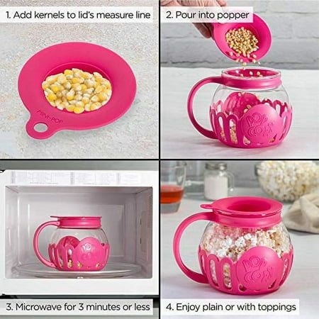 Ecolution Original Microwave Micro-Pop Popcorn Popper, Borosilicate Glass, 3-in-1 Silicone Lid, Dishwasher Safe, BPA Free, 1.5 Quart - Snack Size, Pink