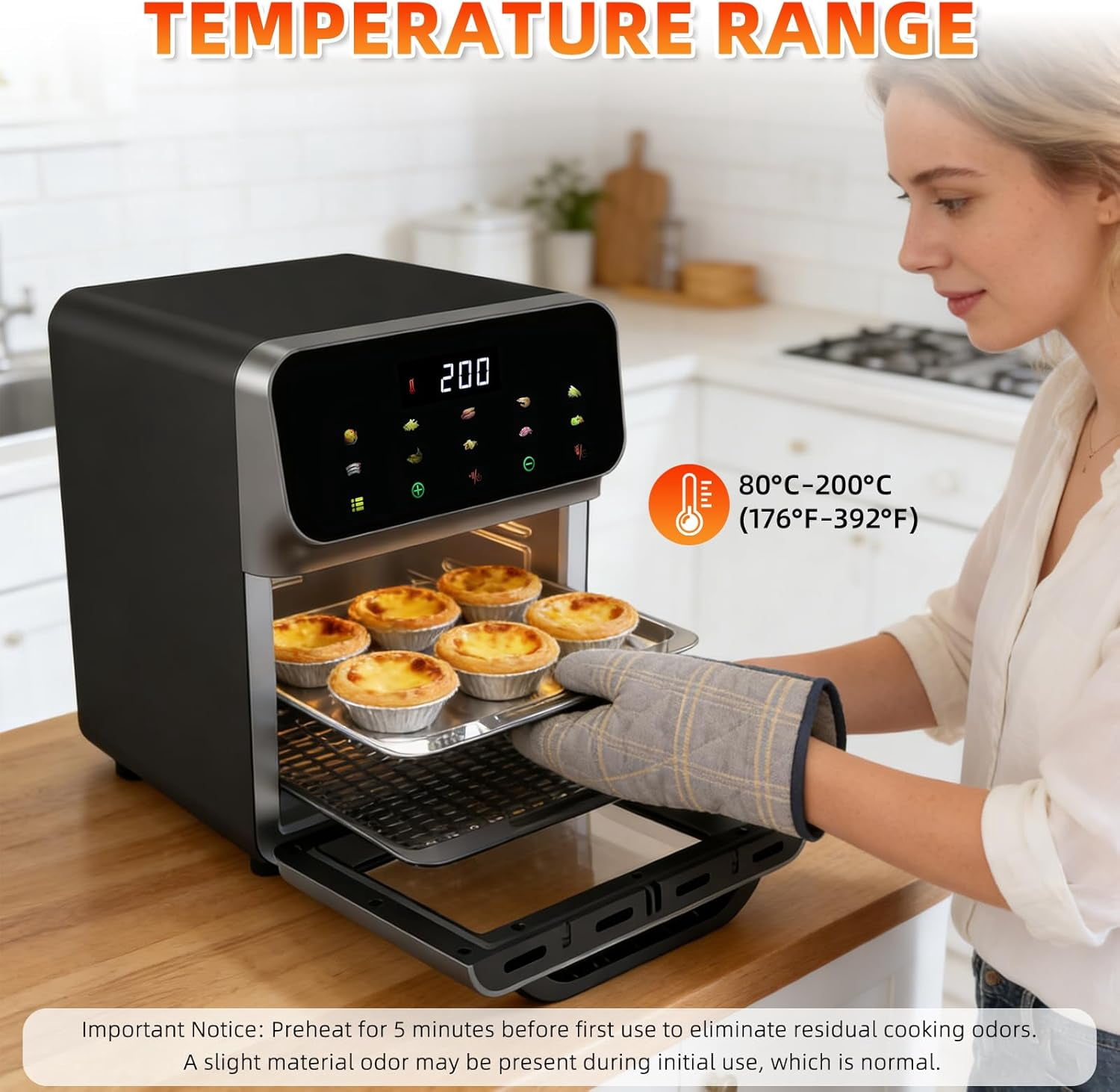 Air fryer desktop convection oven, transparent door and glass window; Timer function, controlled by digital LED touch screen with automatic shutdown function, air fryer with 10 liter capacity for oil