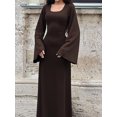 thumbnail image 2 of Wangscanis Robe Longue pour Femmes, Élégante Robe Cocktail à Manches Évasées, Col en U, Côtelée, Unie, Robe d'Automne, 2 of 9