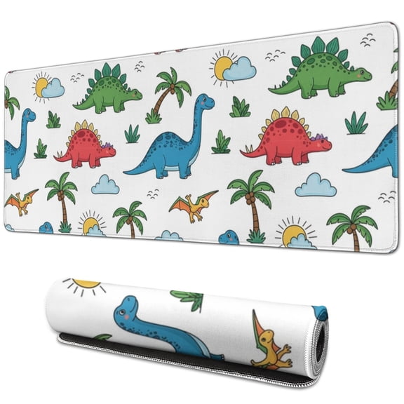 Long Mouse Pads for Desk,Green Dinosaurs with Ferns Simply Desk Mats on Top Of Desks, Desk Mouse Pad Extra Large with 3mm Non-Slip Base and Stitched Edge for Gaming,Office,Work,Home 31.5"x11.8"