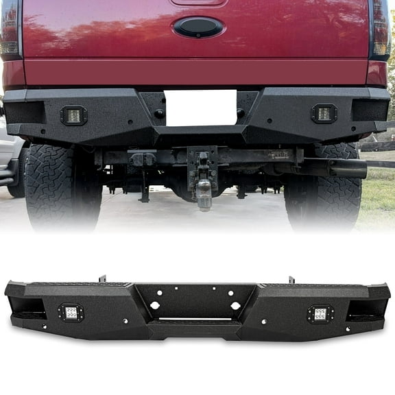Kojem Rear Bumper for Ford Super Duty F250 F350 1999 2000 01 02 03 04 05 06 07 08 09 2010 11 12 13 14 15 2016 Off-road with 2 LED Lights Powder coated Steel