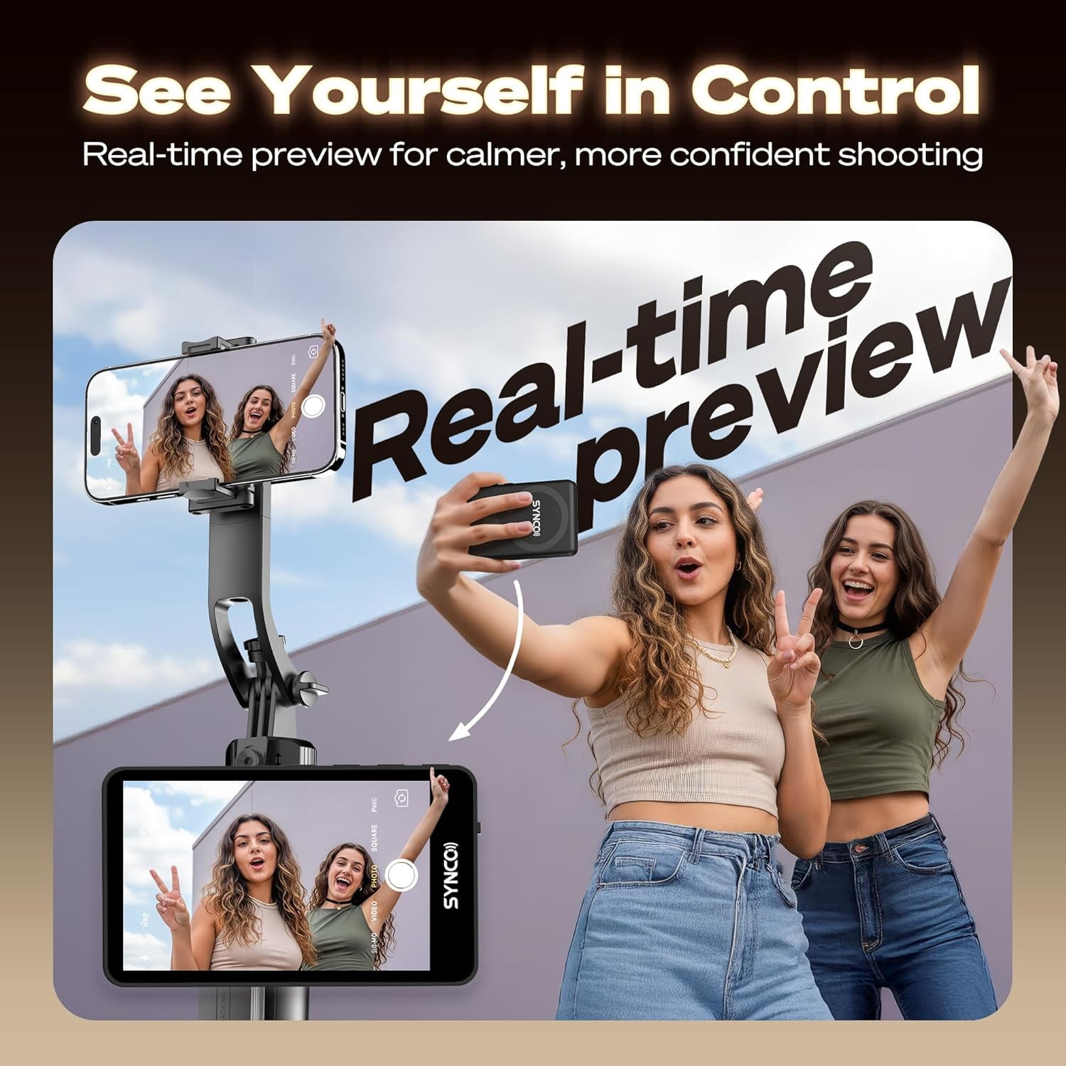 SYNCO XView 4K/1080p Vlog Selfie Monitor Screen Wireless Magnetic Back Camera for iPhone Android Phone, Black