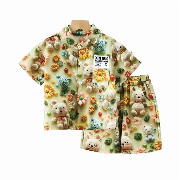 Kids 2 Piece Summer Outfit, Cartoon Bear Floral Print Short Sleeve Button Down Shirt & Elastic Shorts Set, Casual Beach Vacation Clothes for Little & Big Boys Girls