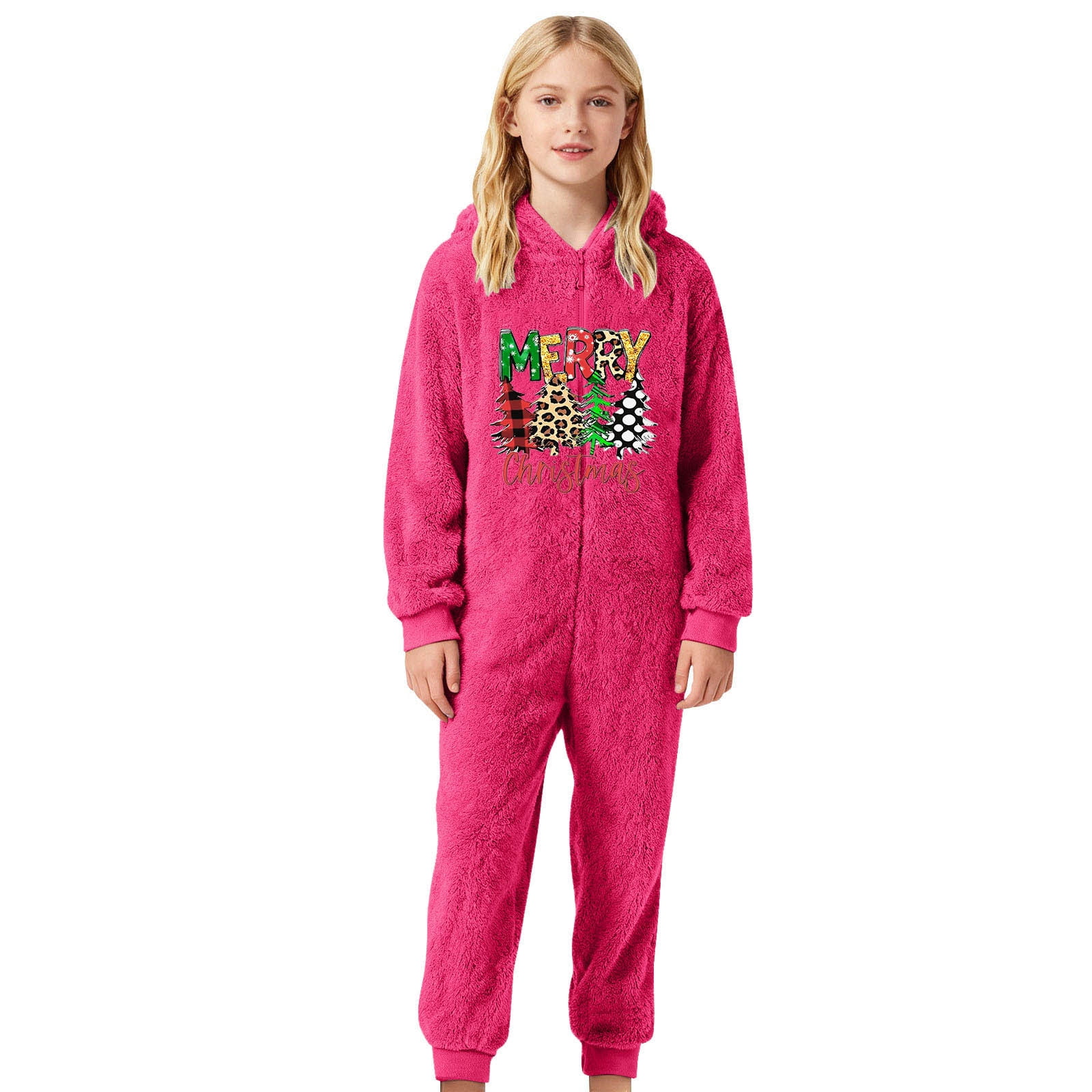 Gelikeya Boys Girls Christmas Onesies Pajamas Fuzzy Jumpsuit Kids Toddler Long Sleeve Jumpsuit Thermal Winter Outfits (Playwear & Hot Pink & 4-5 Years)