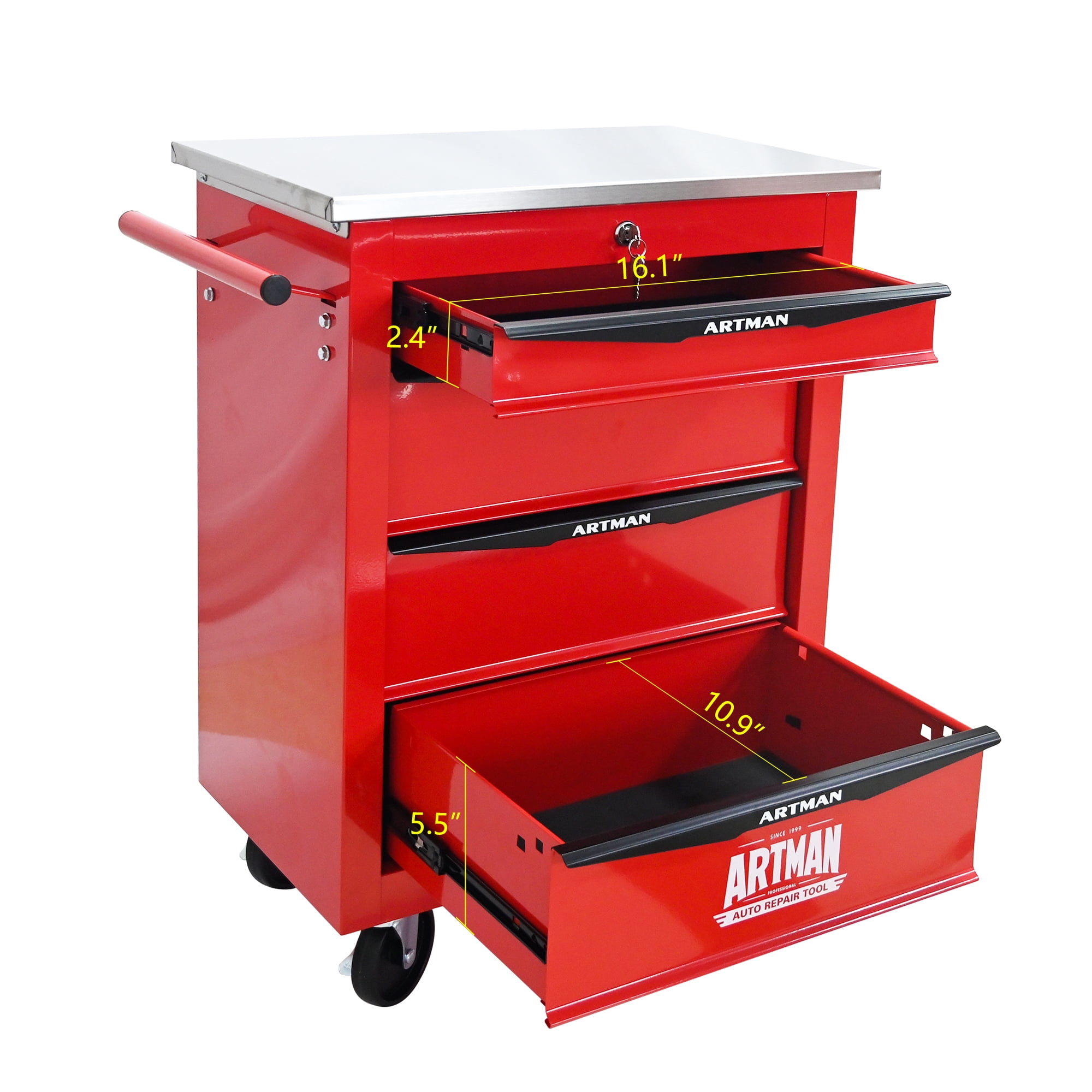 ARTMAN 4 Drawers Steel Storage Rolling Tool Chest Cabinet Cart with Wheels and Stainless Steel Roof for Workshop Garage Warehouse