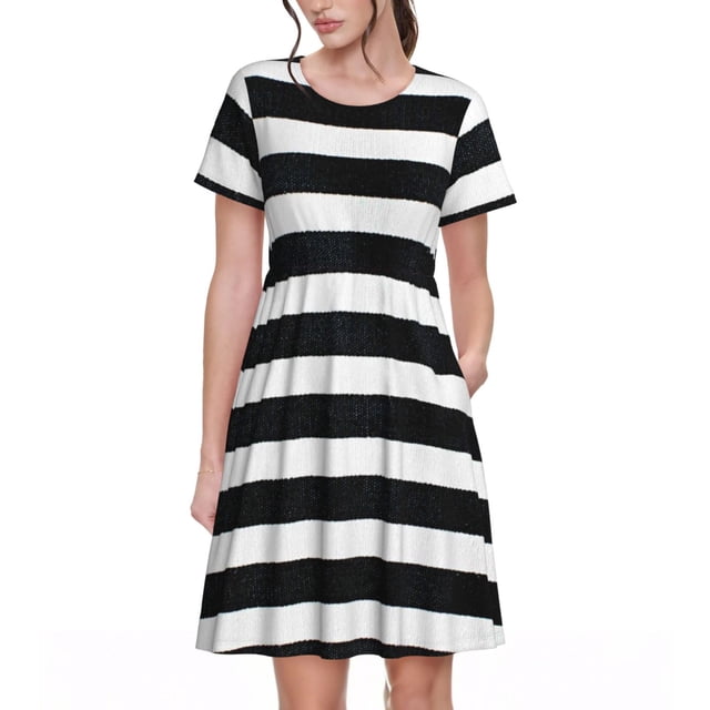 Fotbe Black And White Stripes Vestido Largo de Moda para Mujer, Vestido Tipo Camiseta con Manga Corta y Estilo Casual a Rayas y Bloques de Color