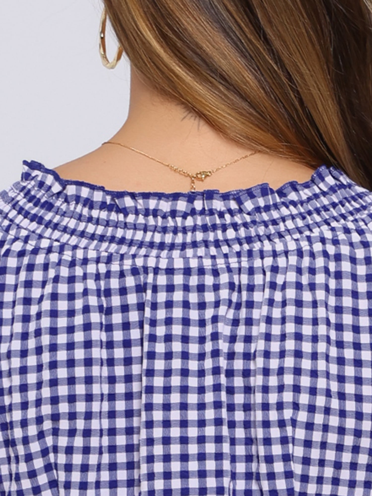 DARING DIVA Women's Gingham Plaid Peasant Round Neck Puff Sleeve Tops XS Dark Blue