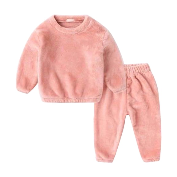 LIJCC Boys' Girls' Coral Fleece Clothes Set Sweatshirt Top and Pants Winter Warm Soft Fuzzy Homewear Sleepwear Tops(Pink,3-4 Years)