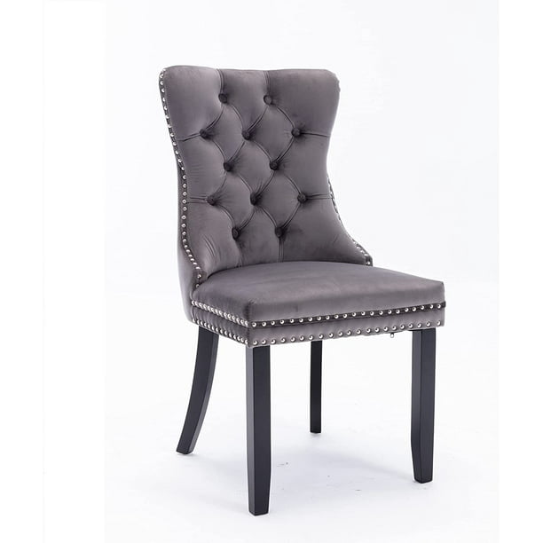 Set Of 2 Velvet Fabric Dining Chairs, Grey Velvet Ring Back Dining Chairs