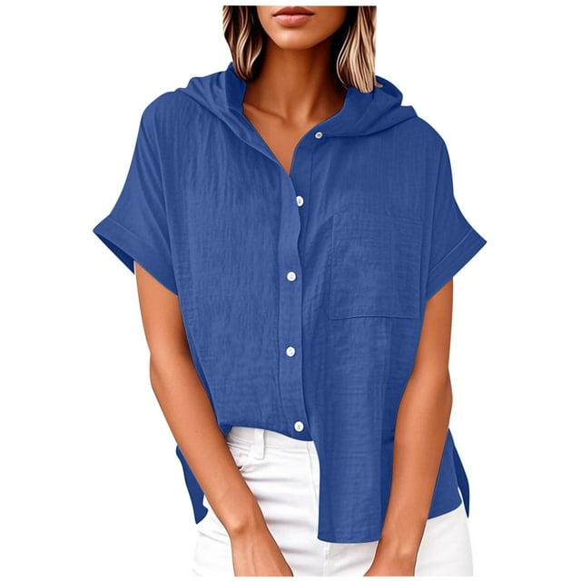 Vestidos Casuales Para Mujer, Blusas De Mujer De Moda Blusa de lino con cuello en V y manga corta para mujer, estilo túnica de verano con capucha y botones sueltos