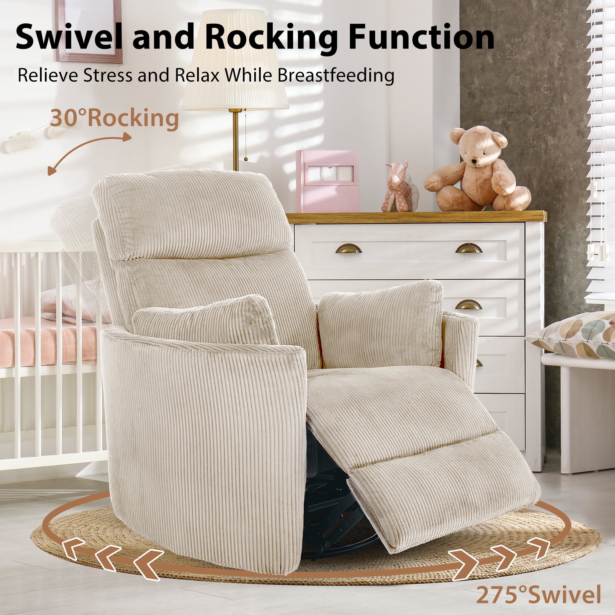 36.72'' Wide Swivel Rocker Glider Recliner with Adjustable Pillows and USB, Beige Corduroy Nursery Chair