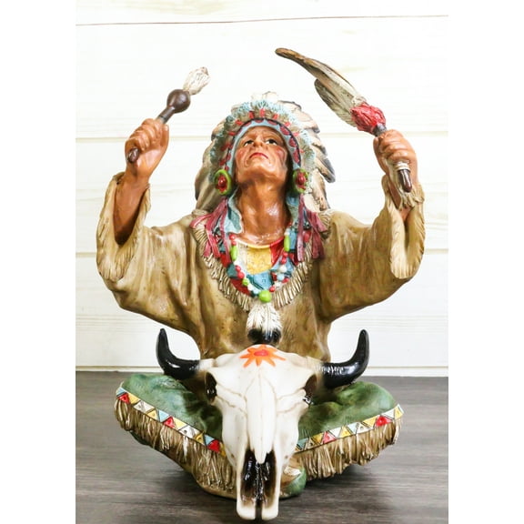 Indian Tribal Chief With Headdress Roach And Bull Skull Ritual Ceremony Figurine