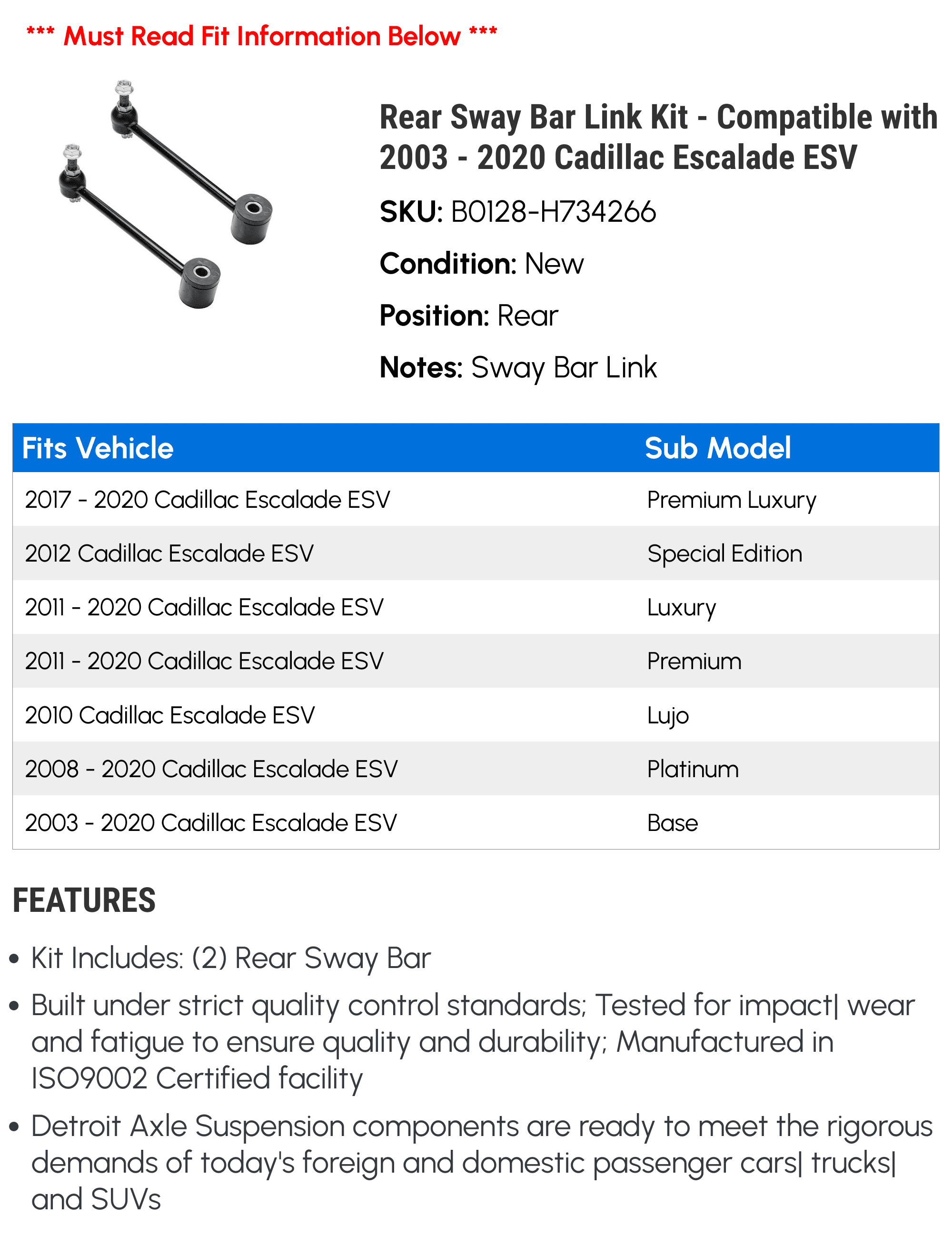 Rear Sway Bar Link Kit - Compatible with 2003 - 2020 Cadillac Escalade ESV 2004 2005 2006 2007 2008 2009 2010 2011 2012 2013 2014 2015 2016 2017 2018 2019