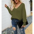 thumbnail image 2 of Suéter de punto con cuello en V para mujer, suéter informal holgado de manga larga con un hombro, color verde XL, 2 of 6