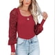thumbnail image 1 of Blusas tipo jersey con cuello rectangular para mujer, blusas informales con manga larga acampanada, camisas de punto acanaladas para ir de compras, fiesta, rojo vino M, 1 of 6