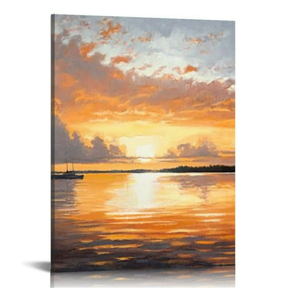 LHONGY - Sunset Sunrise Wall Art - Horizontal Canvas Wall Art - Living Room Wall Decor - Painting Lake Canvas Art - Orange And Blue 12x16 in