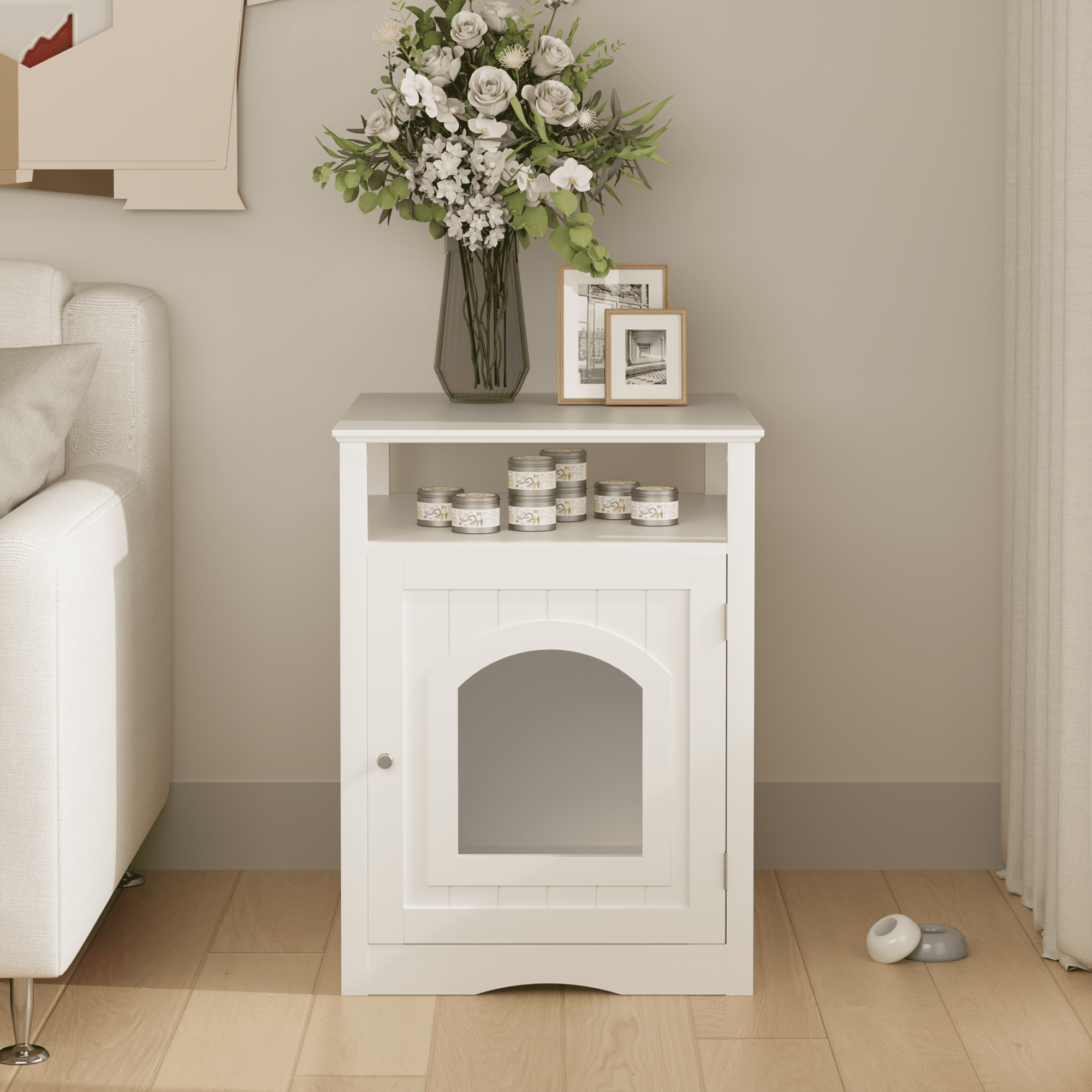 Garmic Modern Cat Condo Side Table with Open Top Shelf & Side Hook, Indoor Wooden Cat House with Enclosed Cabinet,  for Cat Litter Box Enclosure Living Room & Bedroom, White