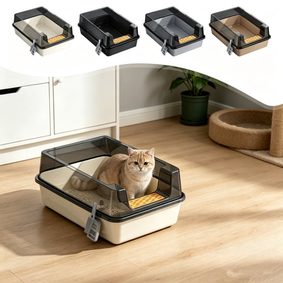 Blateno Semi Enclosed High Sides Cat Litter Box with Litter Scoop, Anti-Splash Detachable Plastic Kitten Toilet, Odor Control Filter Mat Large Capacity Litter Pan for Indoor Cats