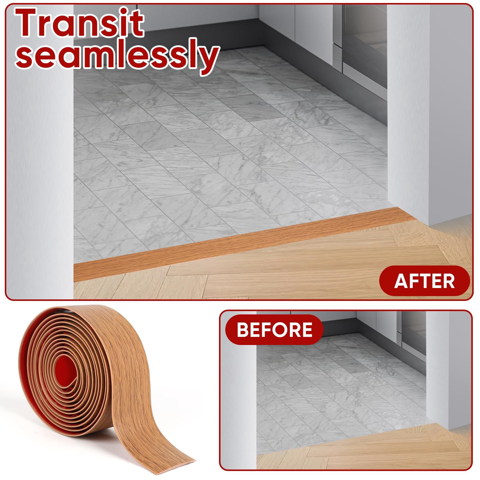 Vinyl Floor Transition Strip Trim Brown Wood Grain 2"-20 FT Self Adhesive Flooring Divider