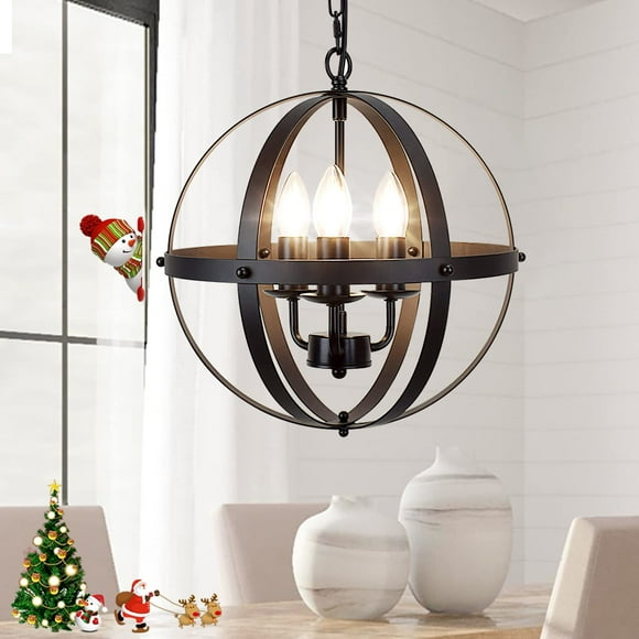 Suspension Vintage, Luminaire Suspendu, Lustre de Plafond à Montage Encastré avec Abat-Jour Sphérique en Métal pour Cuisine, Salle à Manger, Salon, Couloir, Entrée 3 Lumières, Base E12-Noir Mat