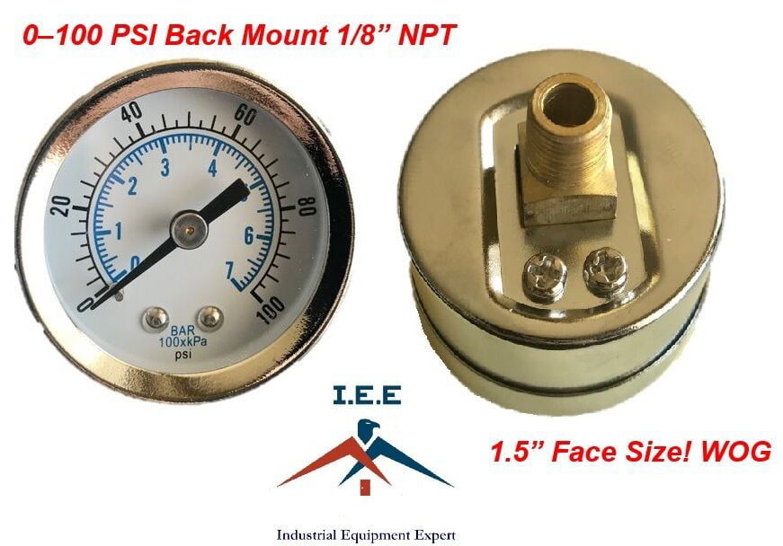 1/8" NPT Air Pressure Gauge 0-100 PSI Back Mount 1.5" Face 