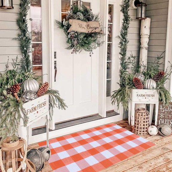 Wanfds Cotton Buffalo Check Rug 35 x 23 Inches, Fall Thanksgiving Plaid Rug Decorations, Washable Hand-Woven Outdoor Checkered Rugs for Layered Door Mats/Kitchen/Farmhous(Orange)