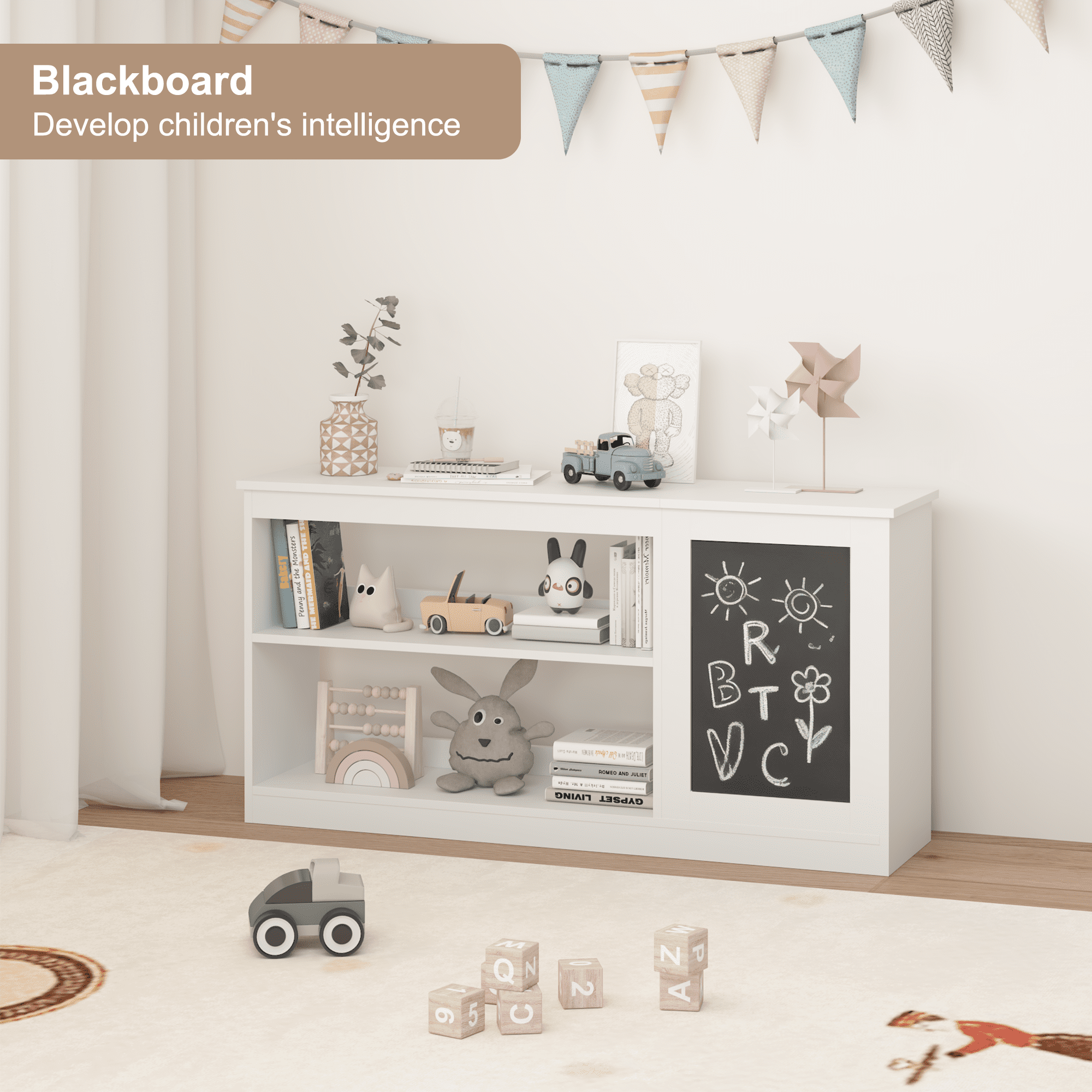 Yoneston 3-in-1 Kids Storage Cabinet with Chalkboard, Kids Bookshelf with 2 Open Shelves & Toy Bin for Bedroom Playroom, White