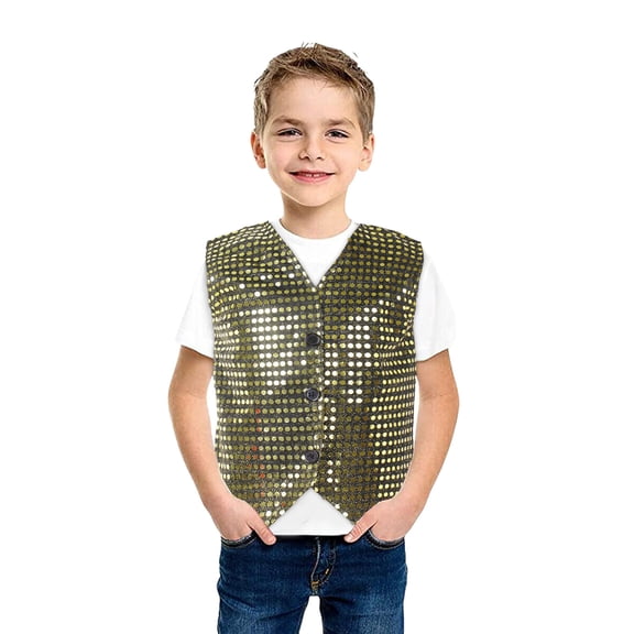 Sparkling Sequins for Kids V-Neck Gold Shiny Dance Vest for Boys Dance Jazz Hop Jacket Waistcoat Kids Dress 16 Years