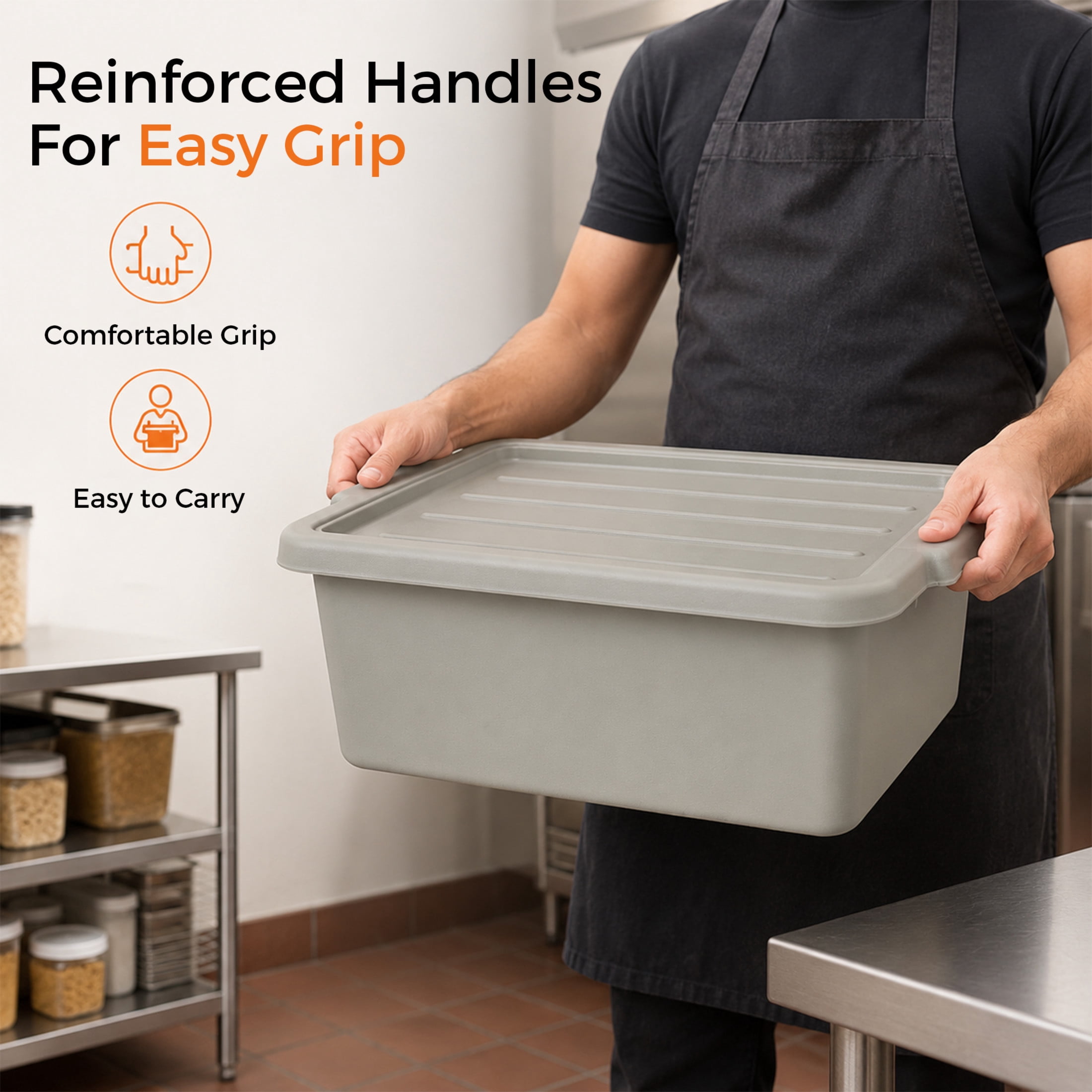 Noble House 6-Pack 9 Gallon Food-Grade Commercial Meat Tubs with Lids, Heavy Duty Utility Container, Gray