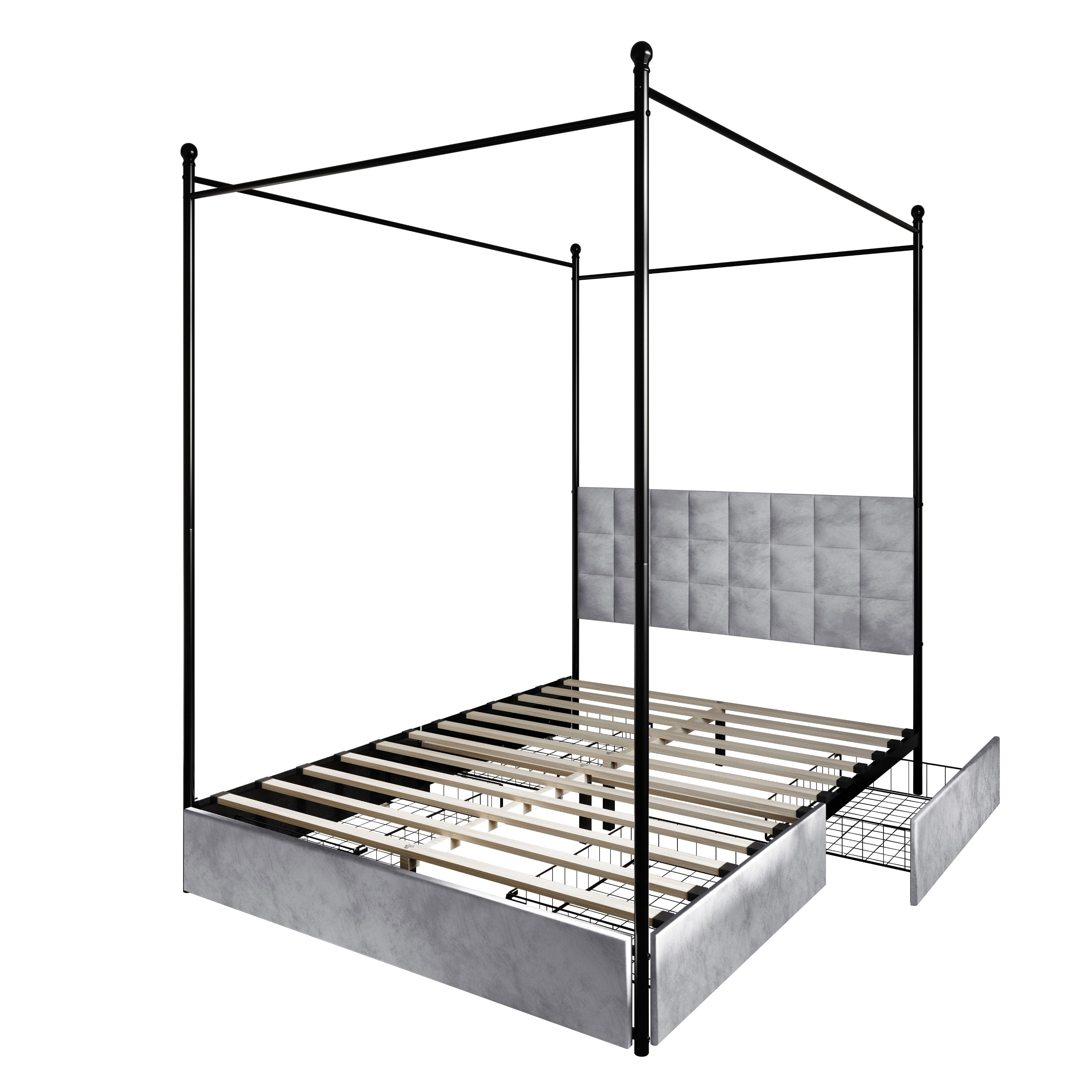 Home Design Hobart King Upholstered Metal Storage Canopy Bed Frame with Square-Tufted Headboard and Four Under-Bed Drawers, Silver Gray, Easy Assembly