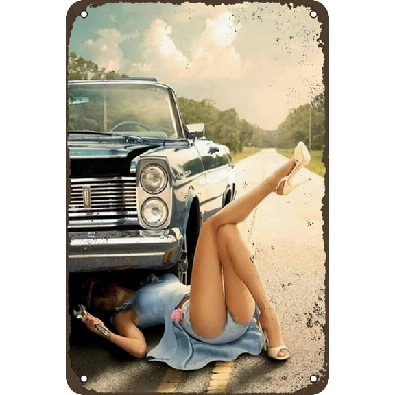 Sexy Girls Vintage Metal Signs Pin Up Girl Car Tin Sign Posters Wall Art Decor for Home Living Room Bedroom Bathroom Man Cave Bar Pub Cafe Garage 12x8 inch