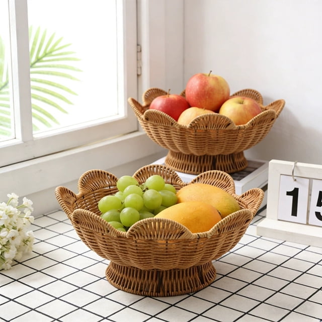 Woven Wicker Bowl 12.2 Inch Natural Rattan Decorative Centerpiece with Wavy Edges for Keys, , and Home Decor