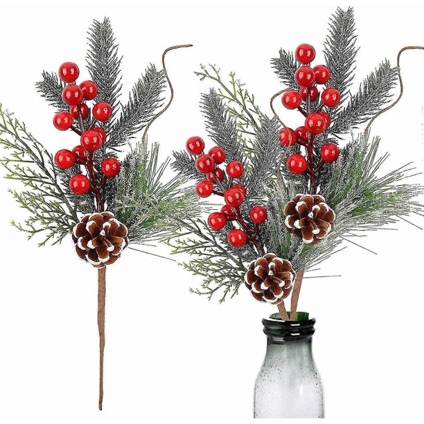 10 piezas de ramas de bayas navideñas artificiales de pino, ramas florales de pino, ramas de bayas rojas para bodas y jardines.