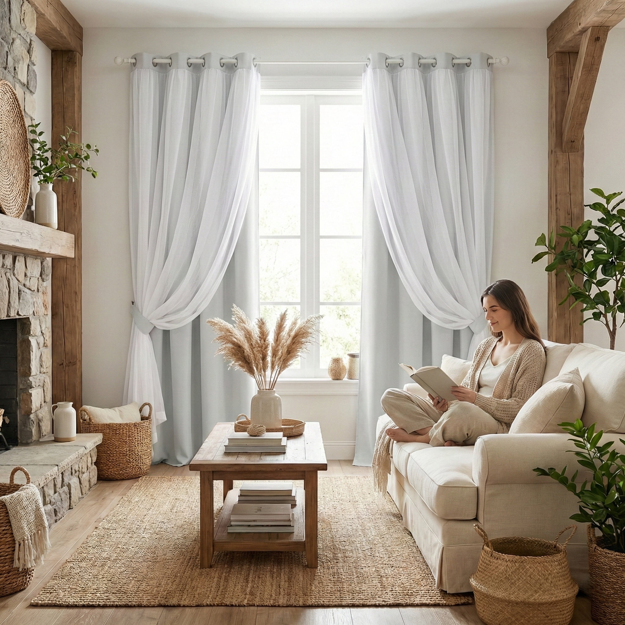 NICETOWN Blackout Double Layer White Curtains with Sheer for Bedroom Pravicy Grommet Solid Room Darkening Drapes, W52 x L84, Set of 2, Greyish White