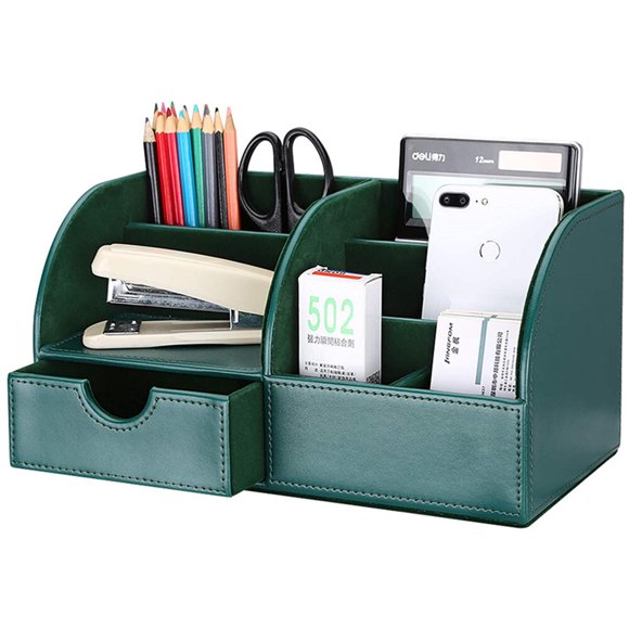 KINGFOM Office Desktop Organizer, 7 Storage Compartments PU Leather Office Stationery Storage Box Office Supplies Organizer, Business Card/Pen/Cellphone/Remote Control Holder (Half Dark Green Leather)