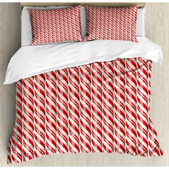 Candy Cane King Size Duvet Cover Set, Red Christmas Candies Pattern with Diagonal Stripes Traditional Winter Sweets, Decorative 3 Piece Bedding Set with 2 Pillow Shams, Red Cream, by Ambesonne