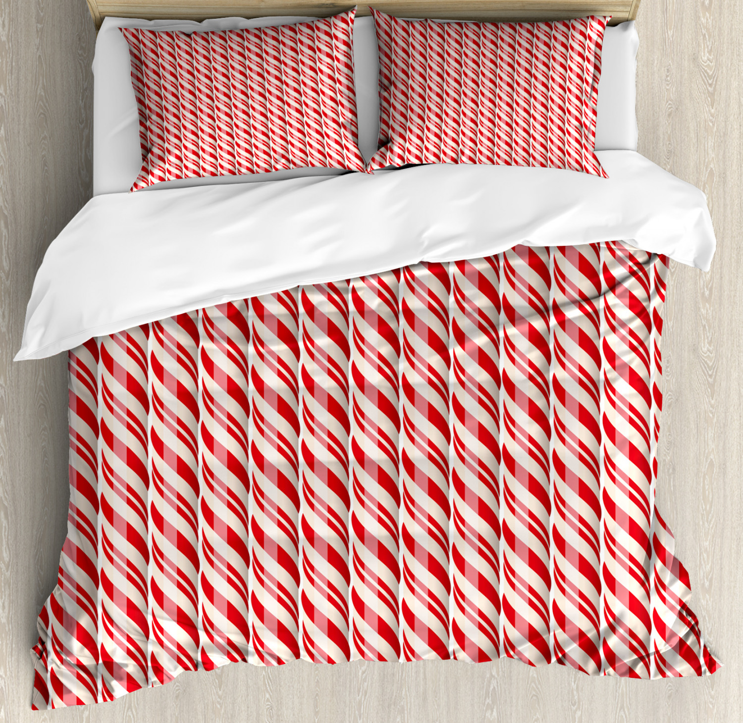 Candy Cane Queen Size Duvet Cover Set, Red Christmas Candies Pattern with Diagonal Stripes 