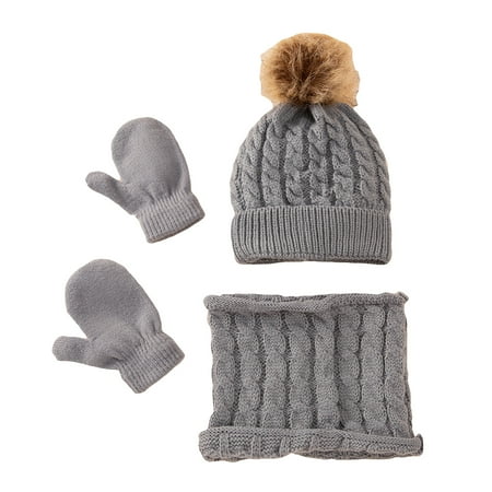 

BIZIZA Baby Hats Toddler Faux Fur Pompom Solid Color with Scarf Glove Cute Beanie Caps for 0-3Y Newborn Gray One Size