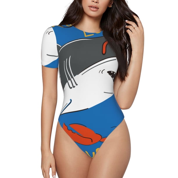 Fotbe Shark With Sunglasses and Lobste Body de Mujer con Cuello Redondo y Mangas Cortas, Sin Mangas Ajustado, Suave, Cómodo y Básico-Small
